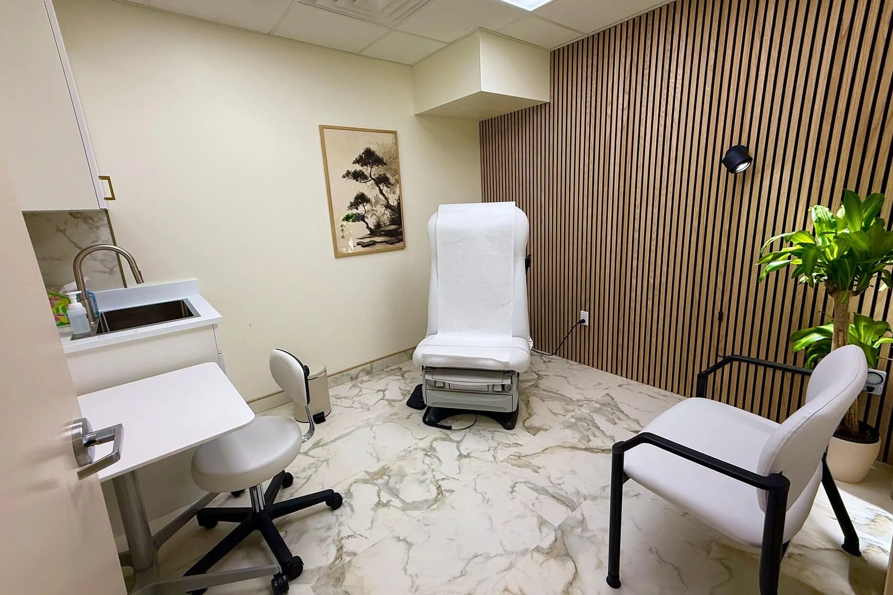 An examination room at the clinic: an examination chair below a framed print, and a slatted wood wall with a tall plant.